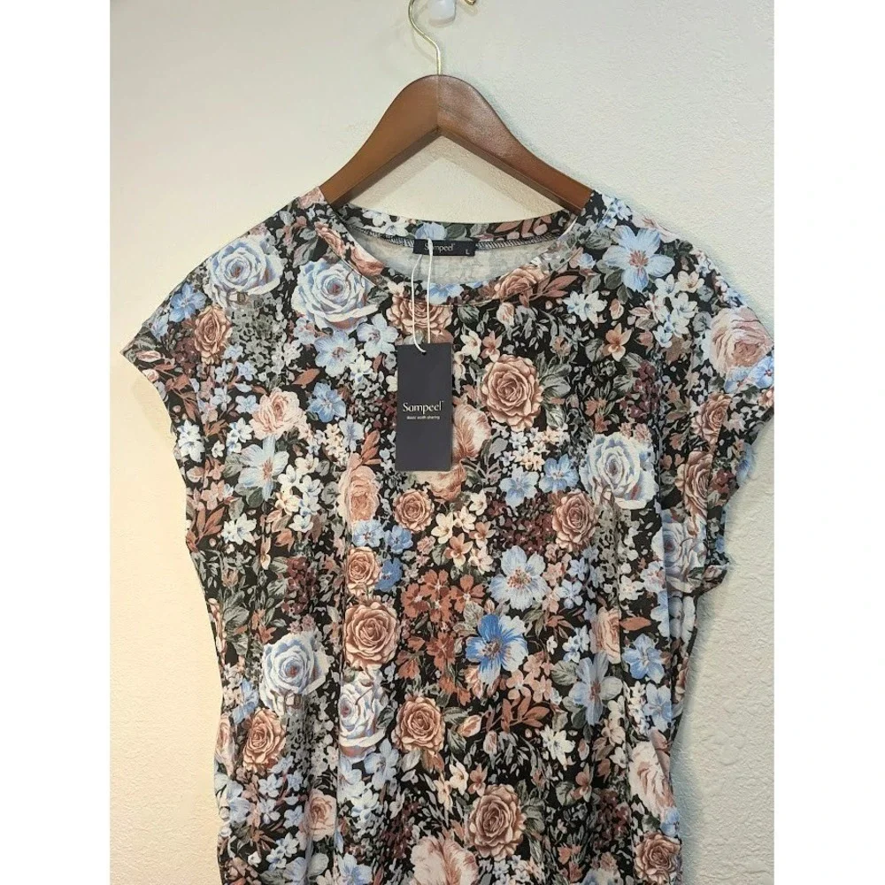 NEW Sampeel Women Floral Multicolor Top Size L Round Neck Rouching Cap Sleeve - Picture 2 of 5